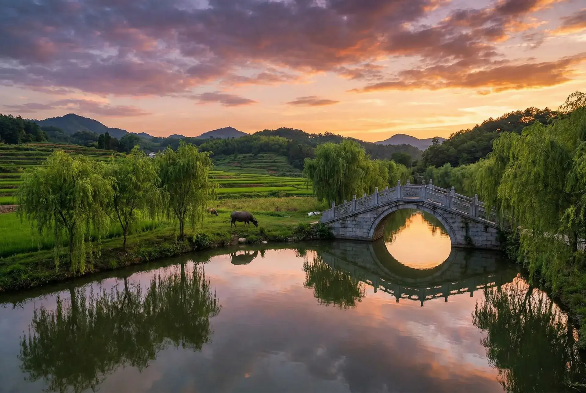 夕阳下的石拱桥与垂柳，水牛在河边吃草 - 善良的小峓子3中 乡村美景